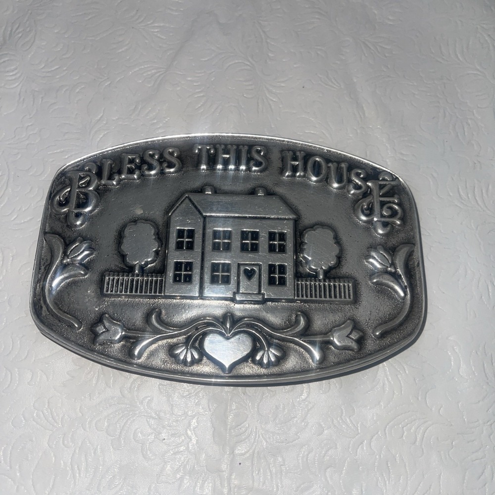 VTG Wilton Armetale Pewter Footed 7" TRIVET Hot Pad Bless This House Cottagecore
